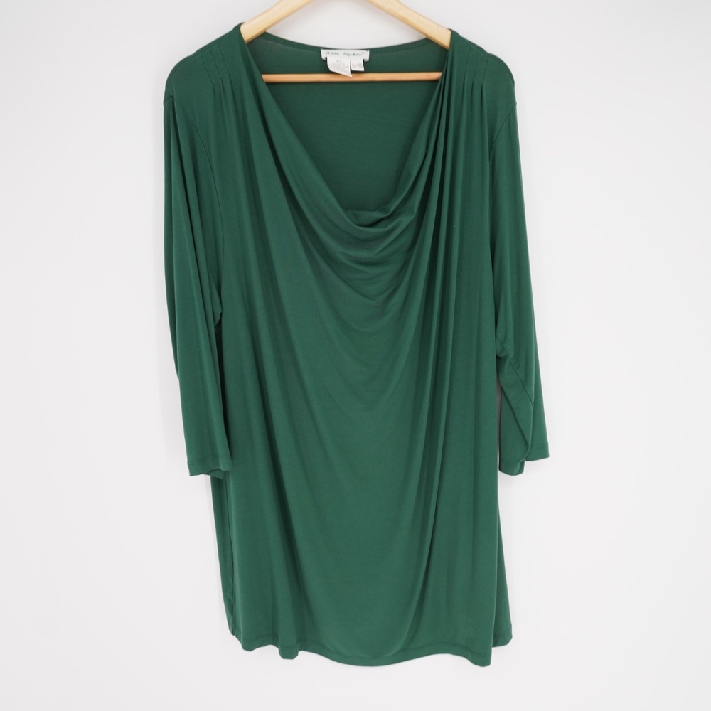 Ulla Popken Cowl Neck Tunic Top Womens 20/22 Green Pleated 3/4 Sleeve Stretch